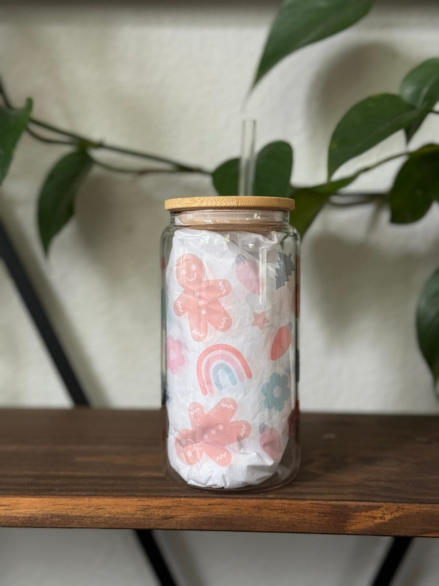 SECONDS SALE Gingerbread & Rainbows Can Glass