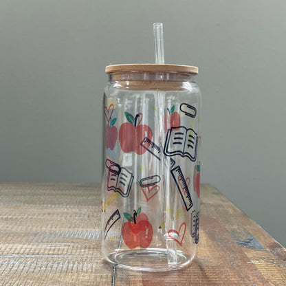 Teacher Can Glass with Straw and Lid