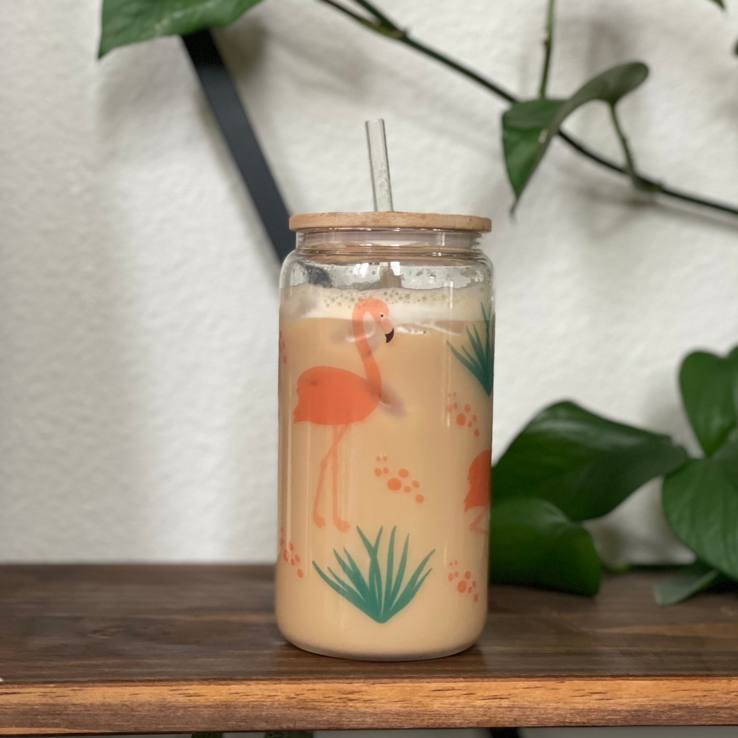 Flamingo Can Glass with Straw and Lid