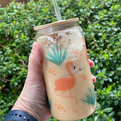 Flamingo Can Glass with Straw and Lid