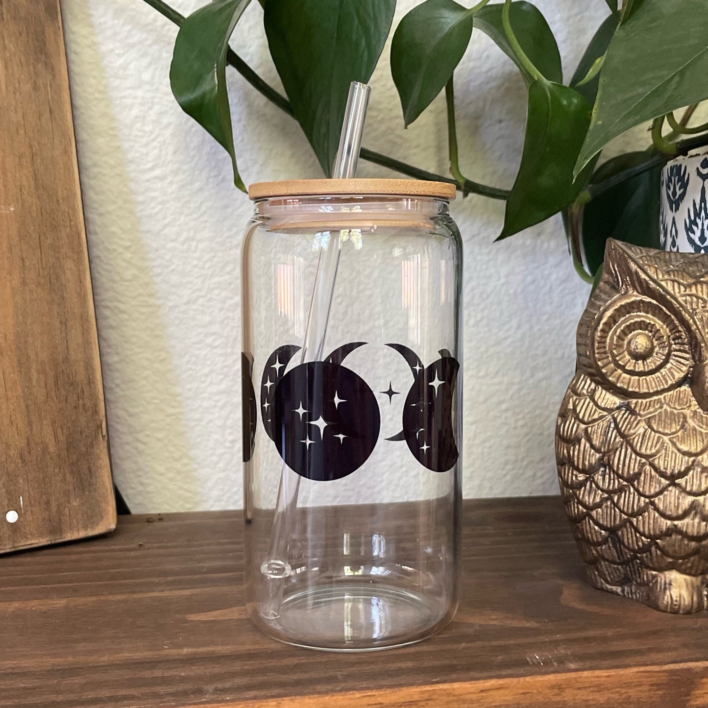 Moon Phase Can Glass with Straw and Lid