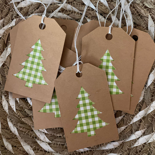 Green Gingham Christmas Tree Gift Tag Set